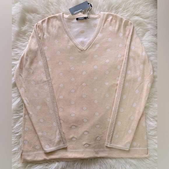NWT Olsen Germany cotton blend V-neck relax fit womens in cream white polkadot - Picture 3 of 10